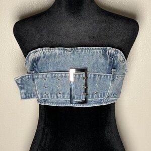 Vintage Belted Denim Bando Top By Pretty Little Thing